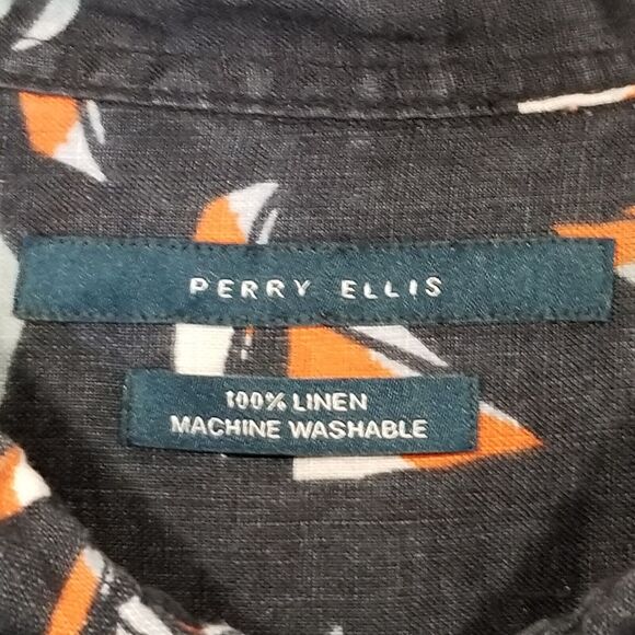 Perry Ellis Mens XLT Tall 100% Linen Shirt Sail Boat Print Navy Blue Camp Beach - Picture 6 of 10